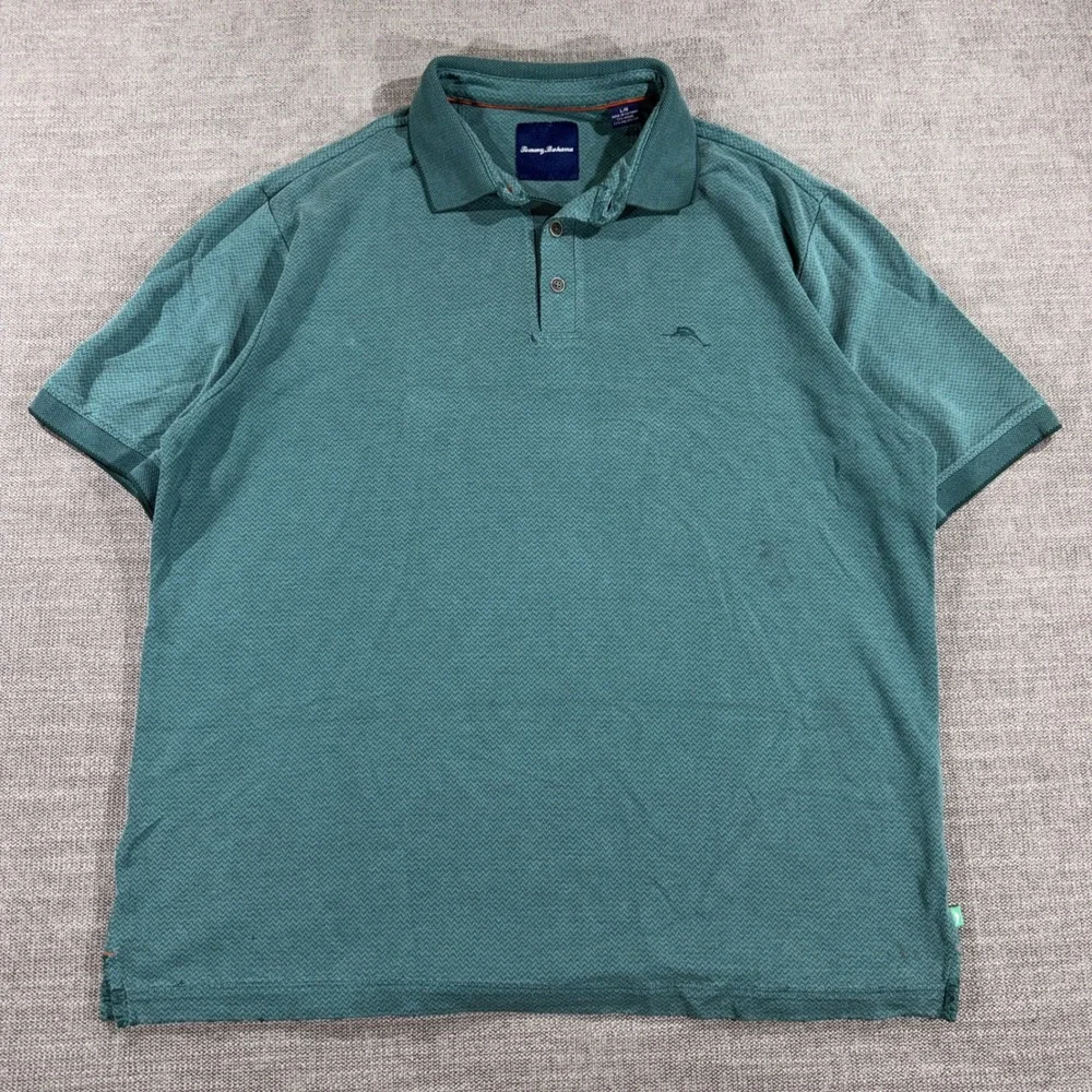 Tommy Bahama Polo Shirt Mens Large Teal Green Good Chevron Modal Blend Short Slv